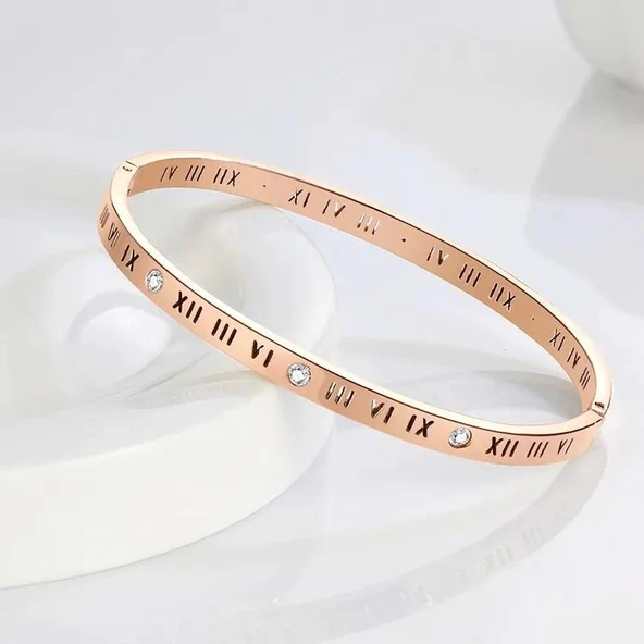 Roma Rakam Ince Taşlı Rose Çelik Bileklik - 3