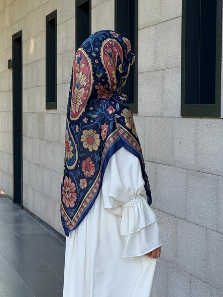 Pamuklu Flora Desen Eşarp-Lacivert - 12