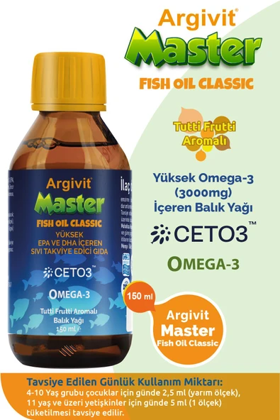 ARGİVİT Master Fish Oil Yüksek Omega-3 (3000MG) Içeren Balık Yağı 150 ml - Tutti Frutti Aromalı ürün görseli 1