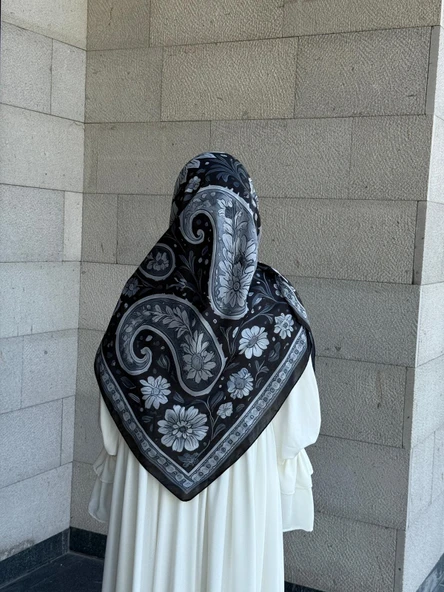 Pamuklu Flora Desen Eşarp-Siyah/Gri - 12