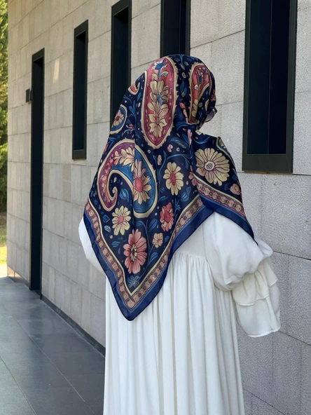 Pamuklu Flora Desen Eşarp-Lacivert - 8