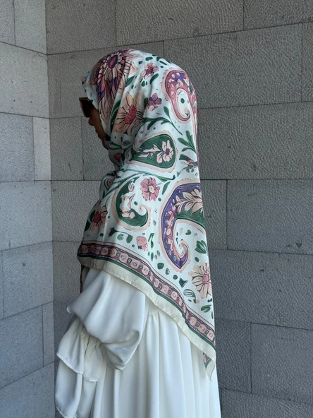 Pamuklu Flora Desen Eşarp-Krem - 9