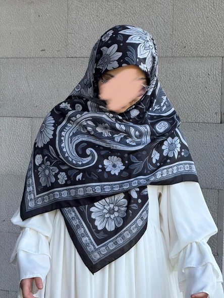 Pamuklu Flora Desen Eşarp-Siyah/Gri - 9