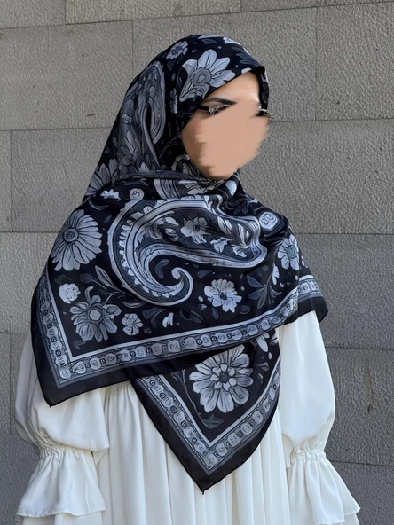 Pamuklu Flora Desen Eşarp-Siyah/Gri - 2