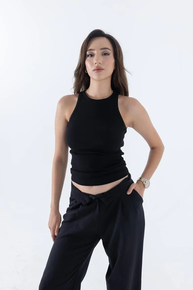 Fitilli Regular Fit Normal Kalıp Siyah-Beyaz Bisiklet Yaka Sıfır Kol Pamuklu 2'li Kadın Atlet - 2