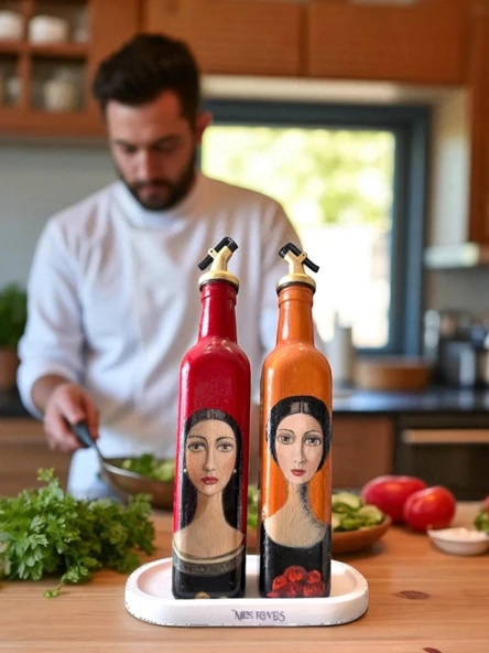 El Yapımı Sanatsal Yağdanlık Seti, Kadın Portreli Cam Şişe Tasarımı, Sirkelik & Sosluk - Resim 9