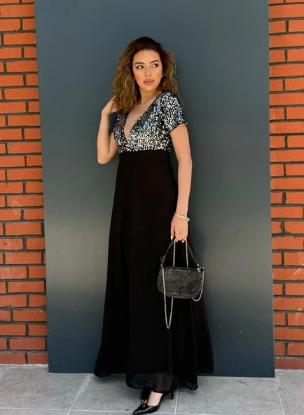 Kadın Kısa Kollu Derin V Yakalı A Kesim Pulpayet Detaylı şifon Nedime Elbisesi - Resim 2