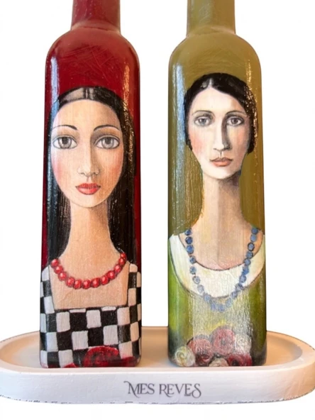 El Yapımı Sanatsal Yağdanlık Seti, Kadın Portreli Cam Şişe Tasarımı, Sirkelik & Sosluk - Resim 4