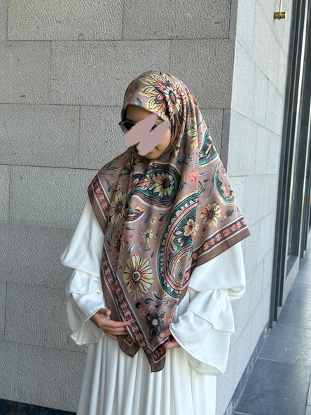 Pamuklu Flora Desen Eşarp-Kahve - 2