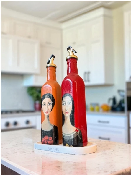 El Yapımı Sanatsal Yağdanlık Seti, Kadın Portreli Cam Şişe Tasarımı, Sirkelik & Sosluk - Resim 11