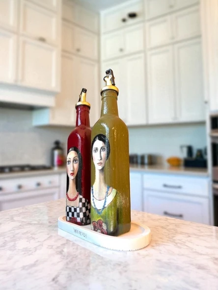 El Yapımı Sanatsal Yağdanlık Seti, Kadın Portreli Cam Şişe Tasarımı, Sirkelik & Sosluk - Resim 5