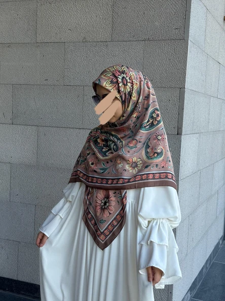 Pamuklu Flora Desen Eşarp-Kahve