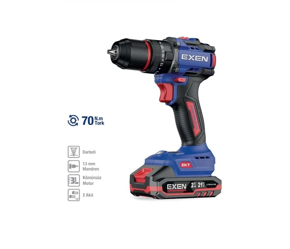 EXEN EN 272 DS 21 V. 2 AH. 70 NM. KÖMÜRSÜZ DARBELİ ŞARJLI MATKAP