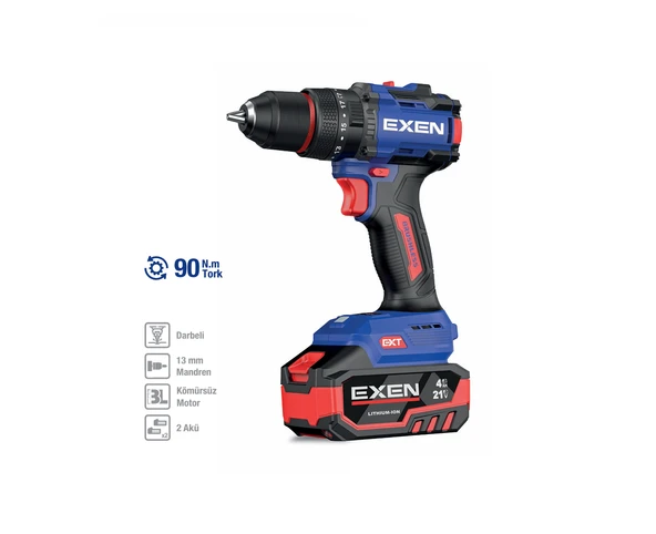 EXEN EN 294 DS 21 V. 4 AH. 90 NM. KÖMÜRSÜZ DARBELİ ŞARJLI MATKAP