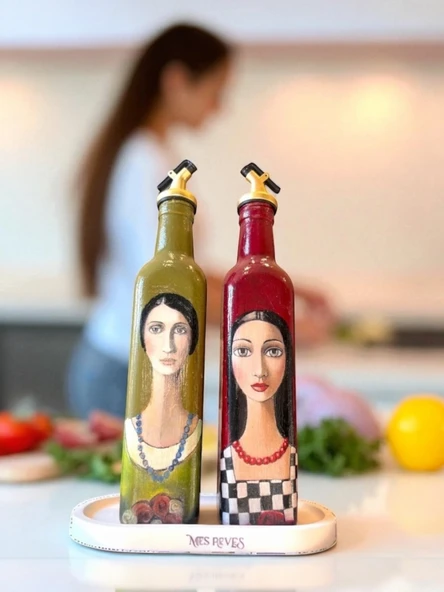 El Yapımı Sanatsal Yağdanlık Seti, Kadın Portreli Cam Şişe Tasarımı, Sirkelik & Sosluk - Resim 2