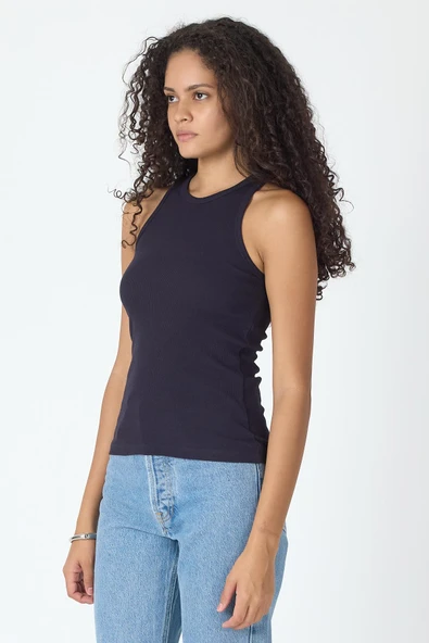 Fitilli Regular Fit Normal Kalıp Siyah-Beyaz-Gri-Lacivert Bisiklet Yaka Sıfır Kol Pamuklu 4'lü Kadın Atlet - Resim 5