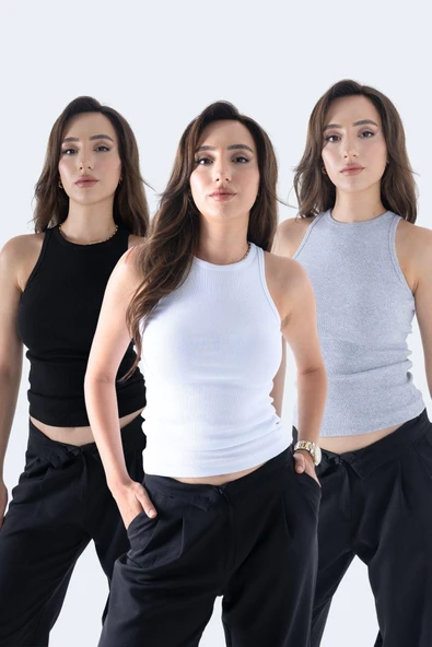 Fitilli Regular Fit Normal Kalıp Siyah-Gri-Beyaz Bisiklet Yaka Sıfır Kol Pamuklu 3'lü Kadın Atlet - 1
