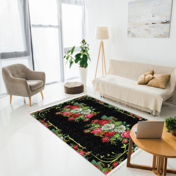 Klasik Baskılı Yapraklı Demet Bordo Gül Siyah Zeminli Halı HR_405 - 2
