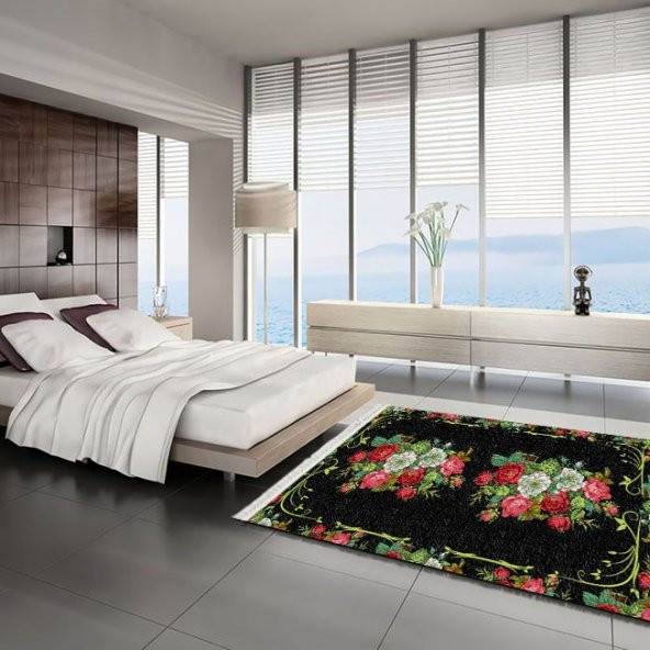 Klasik Baskılı Yapraklı Demet Bordo Gül Siyah Zeminli Halı HR_405 - 3