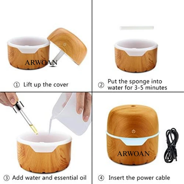 ARWOAN Ahşap Desenli Aromaterapi Difüzör ve Hava Nemlendirici | LED Işıklı Sessiz Buhar Makinesi ürün görseli