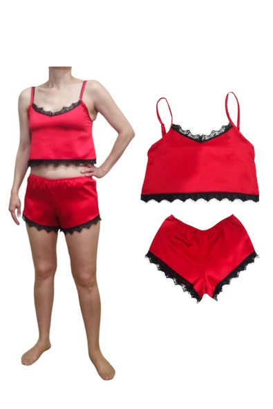 Kırmızı Saten Dantelli Rahat Kesim Alt-Üst Şort Crop Şort Takım