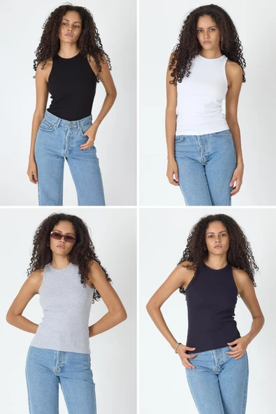 Fitilli Regular Fit Normal Kalıp Siyah-Beyaz-Gri-Lacivert Bisiklet Yaka Sıfır Kol Pamuklu 4'lü Kadın Atlet ürün görseli 1