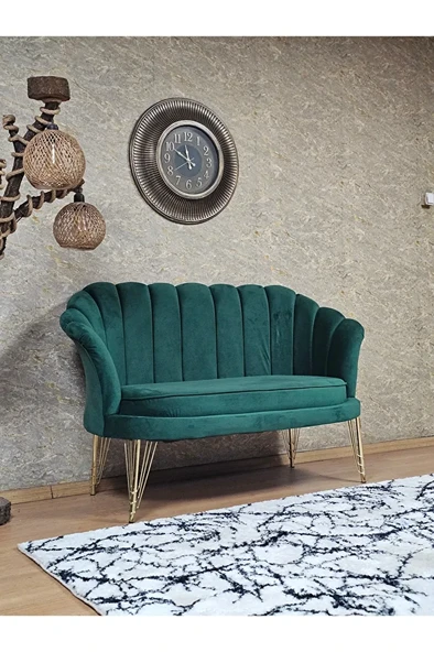 İkili İstiridye Gold Kaplama Telli Ayak Çay Seti Koltuk Tekli Berjer , İkili Berjer Koltuk Yeşil Renk 110 x 48 Boyut/Ebat - Resim 2