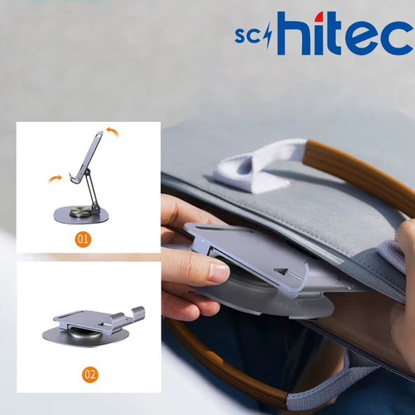 Schitec 360° Dönebilen Masa Üzeri Metal Telefon ve Tablet Tutucu Stand Gri - Resim 3