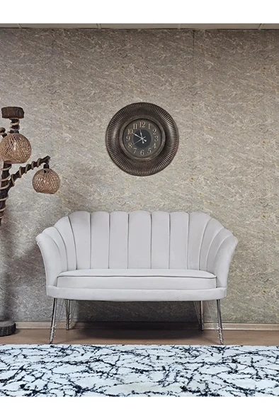 İkili İstiridye Krom Kaplama Telli Ayak Çay Seti Koltuk Tekli Berjer , İkili Berjer Koltuk Krem Renk 110 x 48 Boyut/Ebat ürün görseli