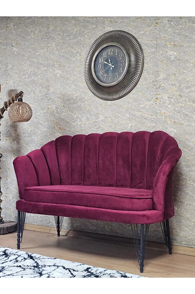 İkili İstiridye Siyah Boyalı Telli Ayak Çay Seti Koltuk Tekli Berjer , İkili Berjer Koltuk Bordo Renk 110 x 48 Boyut/Ebat - 3