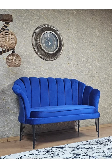 İkili İstiridye Siyah Boyalı Telli Ayak Çay Seti Koltuk Tekli Berjer , İkili Berjer Koltuk Mavi Renk 110 x 48 Boyut/Ebat - Resim 2