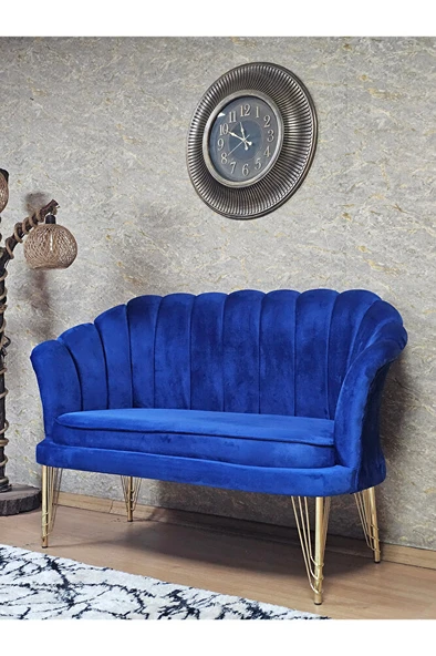 İkili İstiridye Gold Kaplama Telli Ayak Çay Seti Koltuk Tekli Berjer , İkili Berjer Koltuk Mavi Renk 110 x 48 Boyut/Ebat - 3