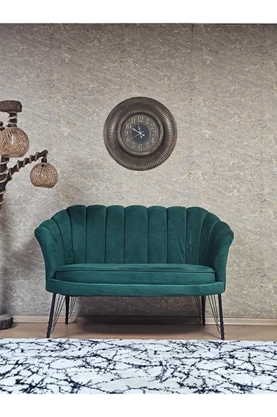 İkili İstiridye Siyah Boyalı Telli Ayak Çay Seti Koltuk Tekli Berjer , İkili Berjer Koltuk Yeşil Renk 110 x 48 Boyut/Ebat ürün görseli