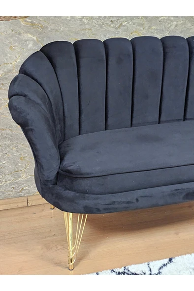 İkili İstiridye Gold Kaplama Telli Ayak Çay Seti Koltuk Tekli Berjer , İkili Berjer Koltuk Siyah Renk 110 x 48 Boyut/Ebat - 4