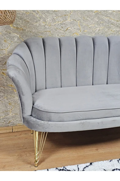 İkili İstiridye Gold Kaplama Telli Ayak Çay Seti Koltuk Tekli Berjer , İkili Berjer Koltuk Gri Renk 110 x 48 Boyut/Ebat - Resim 4