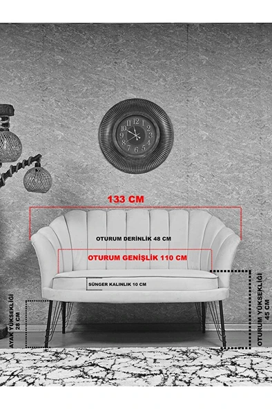 İkili İstiridye Beyaz Boyalı Telli Ayak Çay Seti Koltuk Tekli Berjer , İkili Berjer Koltuk Siyah Renk 110 x 48 Boyut/Ebat - 5