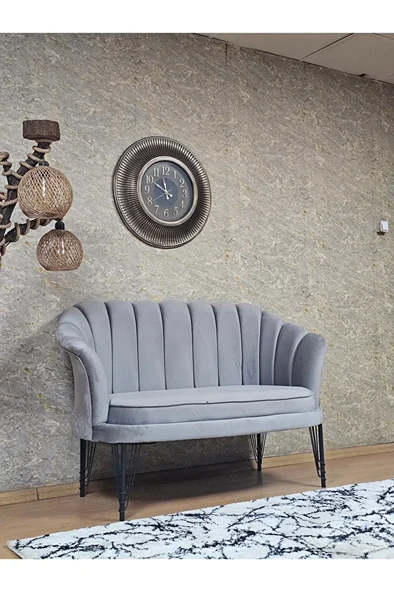 İkili İstiridye Siyah Boyalı Telli Ayak Çay Seti Koltuk Tekli Berjer , İkili Berjer Koltuk Gri Renk 110 x 48 Boyut/Ebat - Resim 2