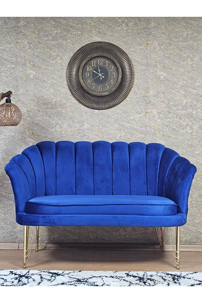 İkili İstiridye Gold Kaplama Telli Ayak Çay Seti Koltuk Tekli Berjer , İkili Berjer Koltuk Mavi Renk 110 x 48 Boyut/Ebat