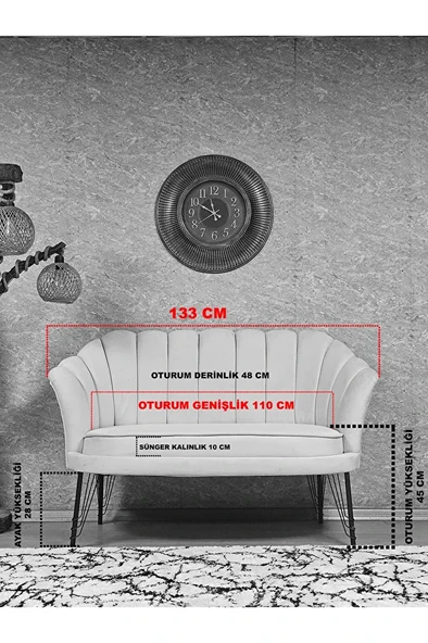 İkili İstiridye Siyah Boyalı Telli Ayak Çay Seti Koltuk Tekli Berjer , İkili Berjer Koltuk Füme Renk 110 x 48 Boyut/Ebat - 5