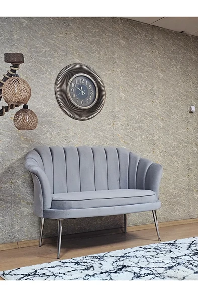 İkili İstiridye Krom Kaplama Sivriltme Ayak Çay Seti Koltuk İkili Berjer , İkili Berjer Koltuk Gri Renk 110 x 48 Boyut/Ebat - 2