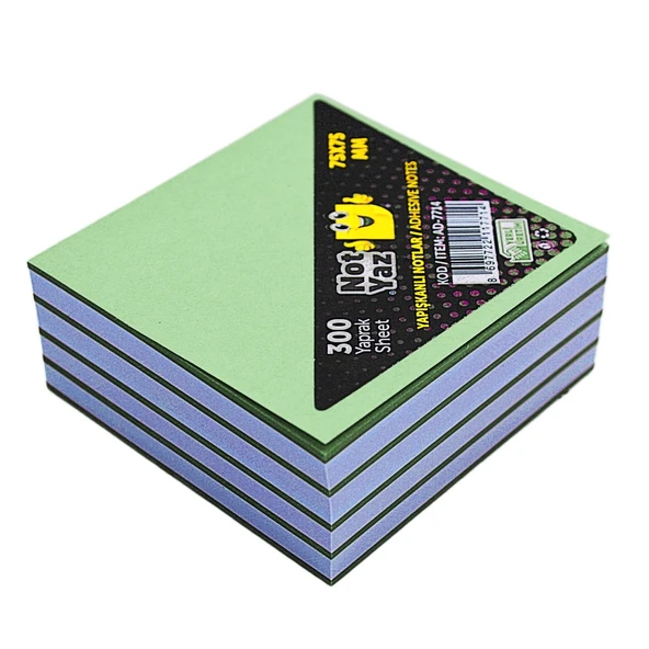 NotYaz 75x75  Yapışkanlı Küp Not 300 Yaprak Yeşil-Beyaz (AD-7714) ürün görseli
