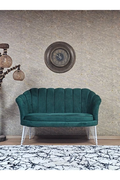 İkili İstiridye Beyaz Boyalı Telli Ayak Çay Seti Koltuk Tekli Berjer , İkili Berjer Koltuk Yeşil Renk 110 x 48 Boyut/Ebat ürün görseli 1