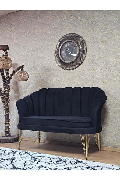 İkili İstiridye Gold Kaplama Telli Ayak Çay Seti Koltuk Tekli Berjer , İkili Berjer Koltuk Siyah Renk 110 x 48 Boyut/Ebat - 3