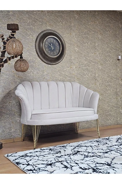 İkili İstiridye Gold Kaplama Telli Ayak Çay Seti Koltuk Tekli Berjer , İkili Berjer Koltuk Krem Renk 110 x 48 Boyut/Ebat - 2