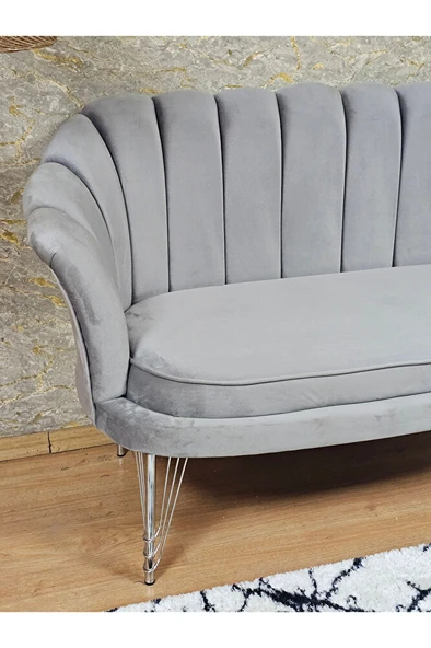 İkili İstiridye Krom Kaplama Telli Ayak Çay Seti Koltuk Tekli Berjer , İkili Berjer Koltuk Gri Renk 110 x 48 Boyut/Ebat - 4