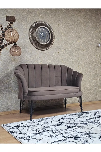 İkili İstiridye Siyah Boyalı Telli Ayak Çay Seti Koltuk Tekli Berjer , İkili Berjer Koltuk Kahverengi Renk 110 x 48 Boyut/Ebat - Resim 2
