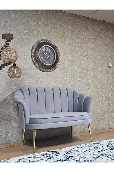 İkili İstiridye Gold Kaplama Sivriltme Ayak Çay Seti Koltuk İkili Berjer , İkili Berjer Koltuk Gri Renk 110 x 48 Boyut/Ebat - Resim 2