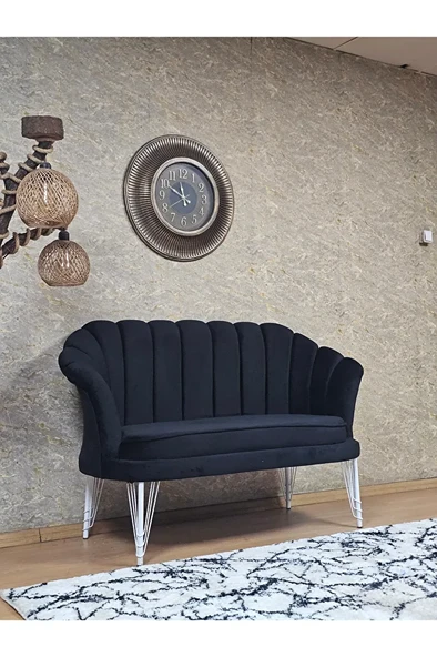İkili İstiridye Beyaz Boyalı Telli Ayak Çay Seti Koltuk Tekli Berjer , İkili Berjer Koltuk Siyah Renk 110 x 48 Boyut/Ebat - 2