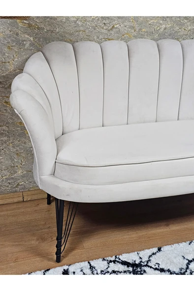 İkili İstiridye Siyah Boyalı Telli Ayak Çay Seti Koltuk Tekli Berjer , İkili Berjer Koltuk Krem Renk 110 x 48 Boyut/Ebat - Resim 4