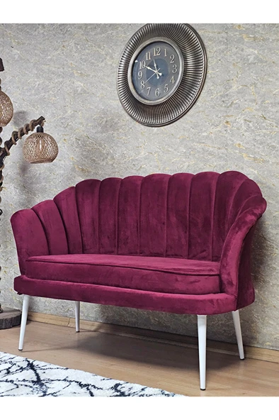 İkili İstiridye Beyaz Boyalı Sivriltme Ayak Çay Seti Koltuk Tekli Berjer , İkili Berjer Koltuk Bordo Renk 110 x 48 Boyut/Ebat - 3